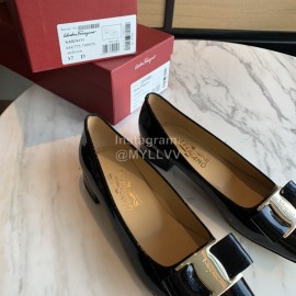 Salvatore Ferragamo Smooth Patent Leather Square Head Shoes For Women Black