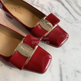 Salvatore Ferragamo Smooth Patent Leather Square Head Shoes For Women Wine Red