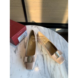 Salvatore Ferragamo Smooth Patent Leather Square Head Shoes For Women Beige