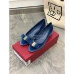 Salvatore Ferragamo Fashion Velvet Bow Thick High Heels For Women Blue