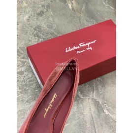 Salvatore Ferragamo Fashion Velvet Bow Thick High Heels For Women Wine Red