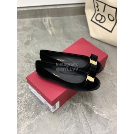 Salvatore Ferragamo Fashion Velvet Bow Flat Heels For Women Black