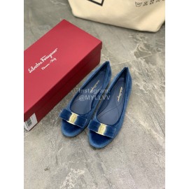 Salvatore Ferragamo Fashion Velvet Bow Flat Heels For Women Blue