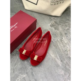 Salvatore Ferragamo Fashion Velvet Bow Flat Heels For Women Red