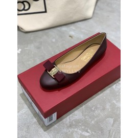 Salvatore Ferragamo Classic Bow Calf Shoes For Women Purplish Red
