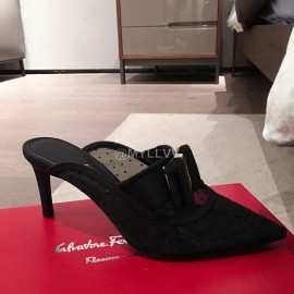 Salvatore Ferragamo Spring Mesh Bow Pointed High Heel Sandals For Women Black