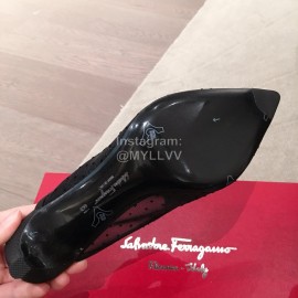 Salvatore Ferragamo Spring Mesh Bow Pointed High Heel Sandals For Women Black