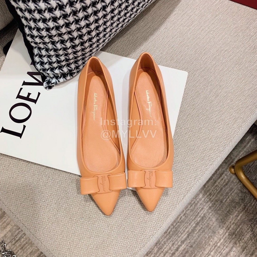 Salvatore Ferragamo Spring Sheepskin Bow Pointed Shoes For Women Orange