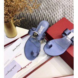 Salvatore Ferragamo Silk Flat Toe Slippers For Women Blue