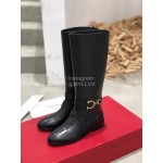 Ferragamo Fashion Gancini Buckle Cowhide Long Boots Black For Women