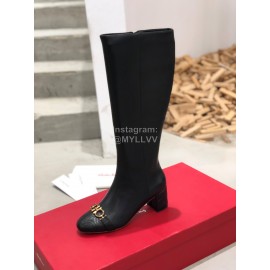 Ferragamo Fashion Gancini Buckle Black Cowhide Long Boots For Women 