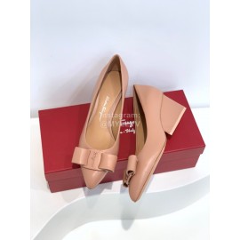 Ferragamo Viva Bow Sheepskin Thick High Heeled Ballet Shoes For Women Apricot