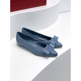 Ferragamo Viva New Bow Sheepskin Pointed Ballet Shoes For Women Blue