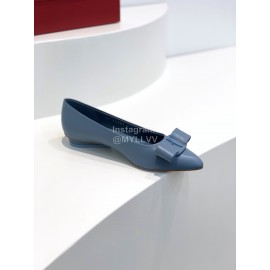 Ferragamo Viva New Bow Sheepskin Pointed Ballet Shoes For Women Blue