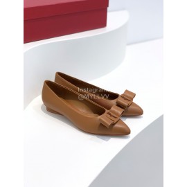 Ferragamo Viva Bow Sheepskin Pointed Ballet Shoes For Women Brown
