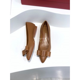 Ferragamo Viva Bow Sheepskin Pointed Ballet Shoes For Women Brown