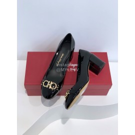 Ferragamo Fashion Gancini Buckle Patent Leather High Heels For Women Black