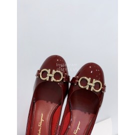Ferragamo Fashion Gancini Buckle Patent Leather High Heels For Women Wine Red