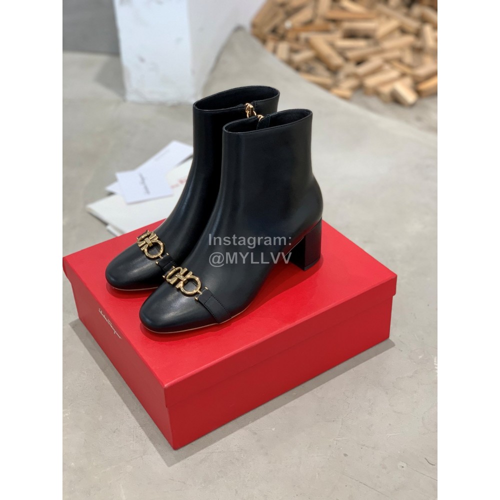Ferragamo Gancini Buckle Cowhide Thick High Heeled Boots For Women Black