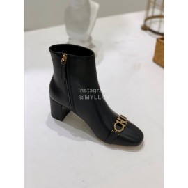 Ferragamo Gancini Buckle Cowhide Thick High Heeled Boots For Women Black