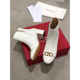 Ferragamo Gancini Buckle Cowhide Thick High Heeled Boots For Women White