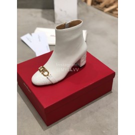 Ferragamo Gancini Buckle Cowhide Thick High Heeled Boots For Women White