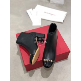 Ferragamo Cowhide Thick High Heeled Short Boots For Women Black