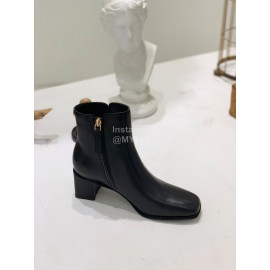 Ferragamo Gancini Buckle Cowhide Thick High Heeled Short Boots For Women Black