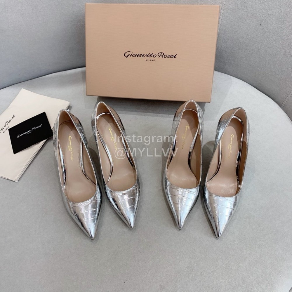 Gianvito Rossi Fashion Embossed Leather Pointed High Heels For Women Silver