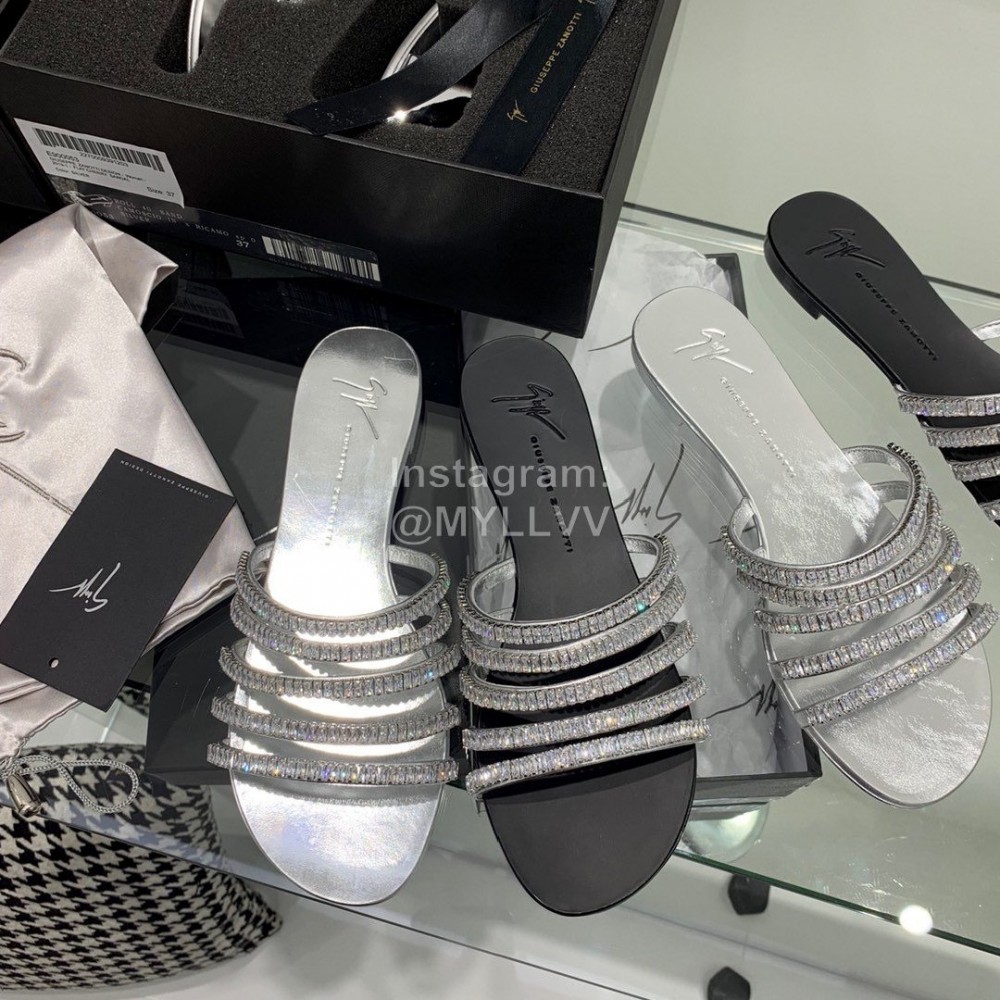 Giuseppe Zanotti Simple Sheepskin Diamond Flat Heel Slippers For Women Silver