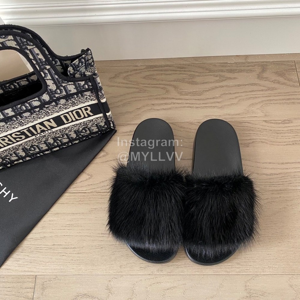 Givenchy Autumn Winter Soft Mink Hair Flat Heel Slippers For Women Black