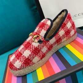 Gucci Winter Plaid Warm Wool Flat Heel Shoes For Women Red
