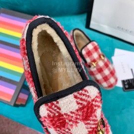 Gucci Winter Plaid Warm Wool Flat Heel Shoes For Women Red