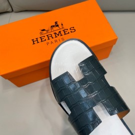 Hermes Summer Crocodile Pattern Leather Slippers For Men 