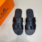 Hermes Summer Crocodile Pattern Leather Slippers For Men Black