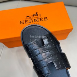 Hermes Summer Crocodile Pattern Leather Slippers For Men Black