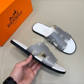Hermes Summer Fashion Leather Slippers For Men Gray