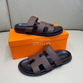 Hermes Classic Summer Cowhide Slippers For Men Coffee