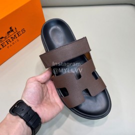 Hermes Classic Summer Cowhide Slippers For Men Coffee