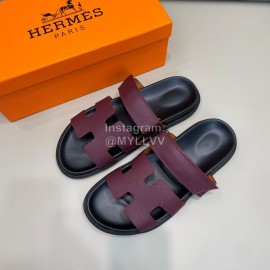 Hermes Classic Summer Cowhide Slippers For Men Wine Red