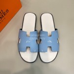 Hermes Classic Summer Cowhide Slippers For Men Blue