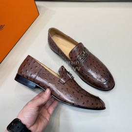 Hermes Cowhide Ostrich Pattern Loafers For Men Coffee