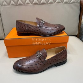Hermes Cowhide Ostrich Pattern Loafers For Men Coffee
