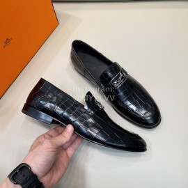 Hermes Stone Grain Leather Business Loafers For Men Black