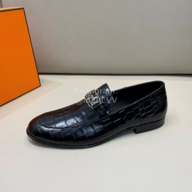 Hermes Stone Grain Leather Business Loafers For Men Black