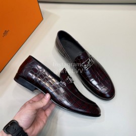 Hermes Stone Grain Leather Business Loafers For Men Brown