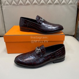 Hermes Stone Grain Leather Business Loafers For Men Brown