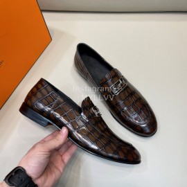 Hermes Stone Grain Leather Business Loafers For Men Coffee