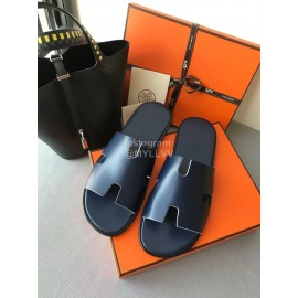 Hermes Summer Simple Leather Slippers For Men Dark Blue