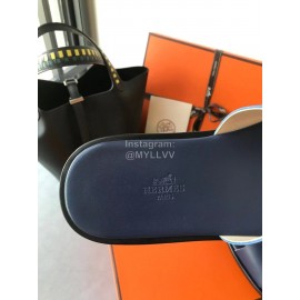 Hermes Summer Simple Leather Slippers For Men Dark Blue